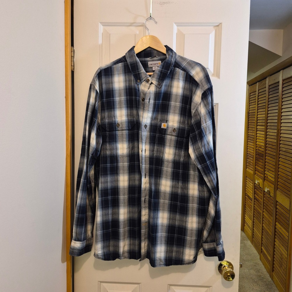 Carhartt Mens 2XL Relaxed Fit Plaid Button Down Shirt Navy Blue 103352 412